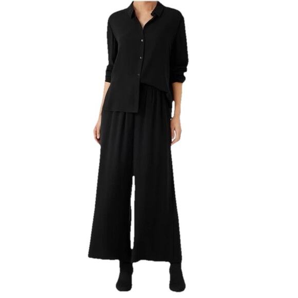 Eileen Fisher L Large Silk Pants Georgette Crepe Pleated Wide Leg Crop Black - Picture 1 of 11